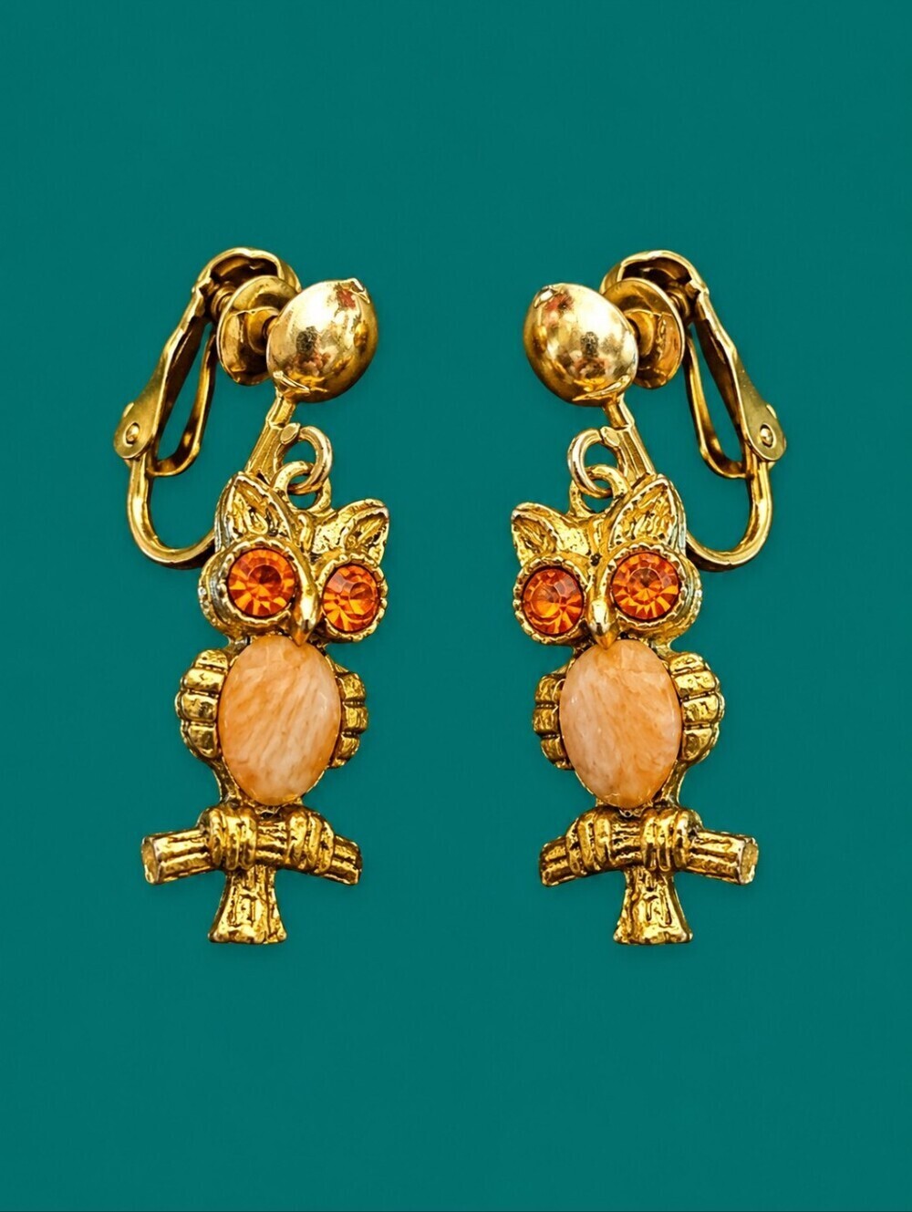 Vintage 1950s-1960s Gemstone Belly Owl Castlecore Clip-on Earrings